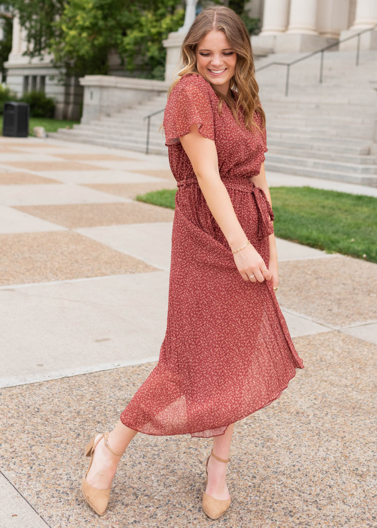 Burgundy pleated tie dress