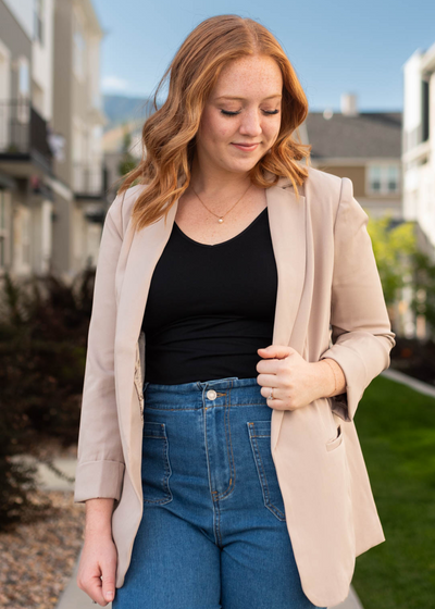 Long sleeve beige blazer with cuffed sleeves