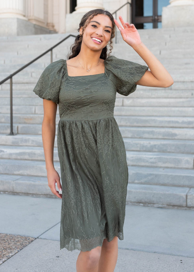 Short sleeve olive embroidered square neck dress