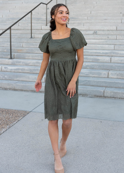 Olive embroidered square neck dress