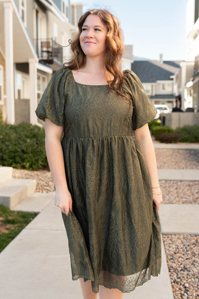 Below the knee plus size olive embroidered square neck dress