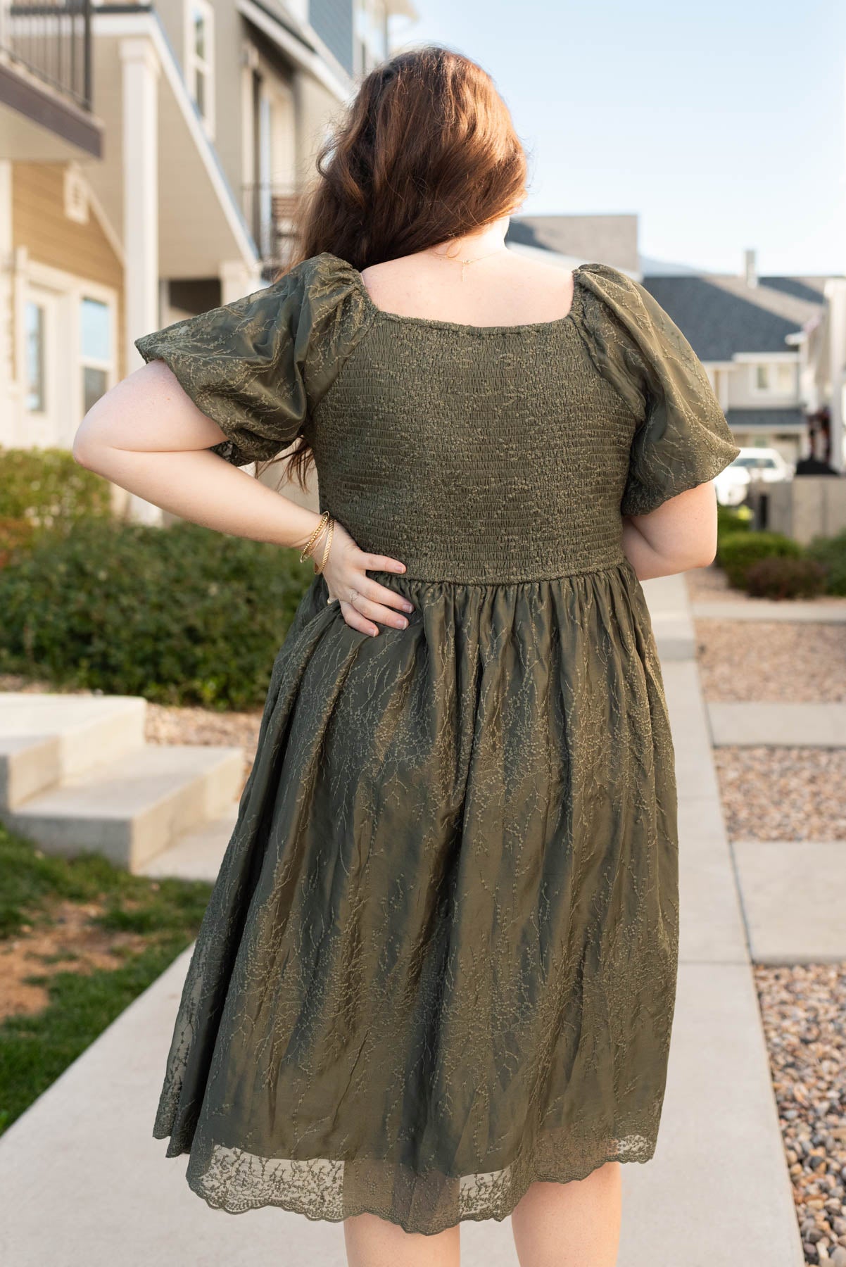 Back view of the plus size oliv eembroidered square neck dress