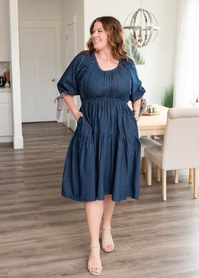 Plus size dark denim tiered dress wit short sleeves