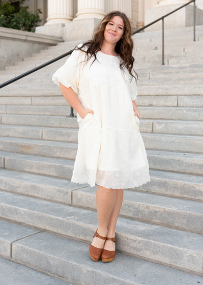 Cream floral puff sleeve dress with pockets