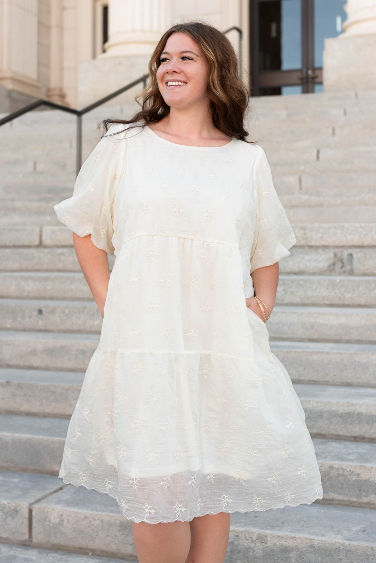 Cream floral puff sleeve dress with tiered skirt