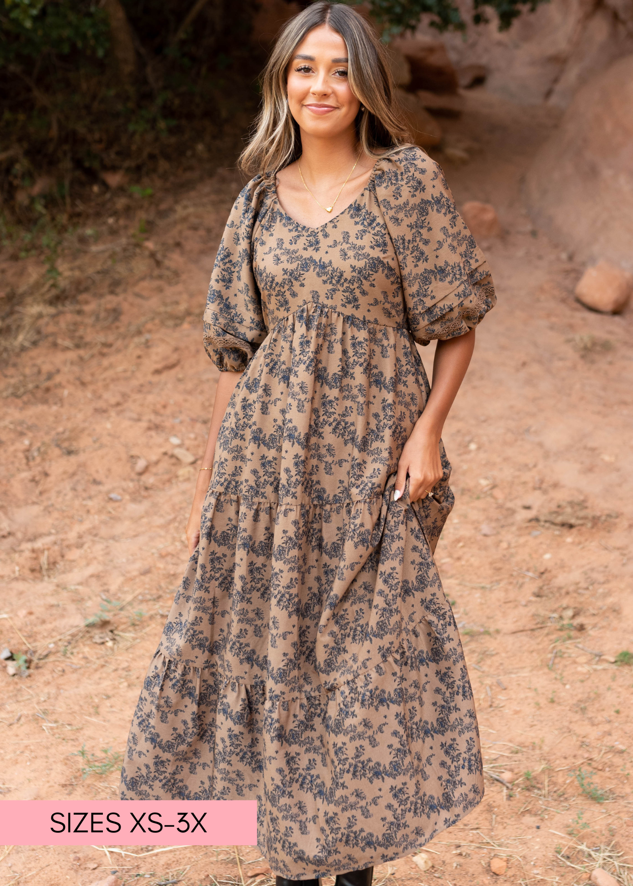 Brown floral tiered dress with short sleeves