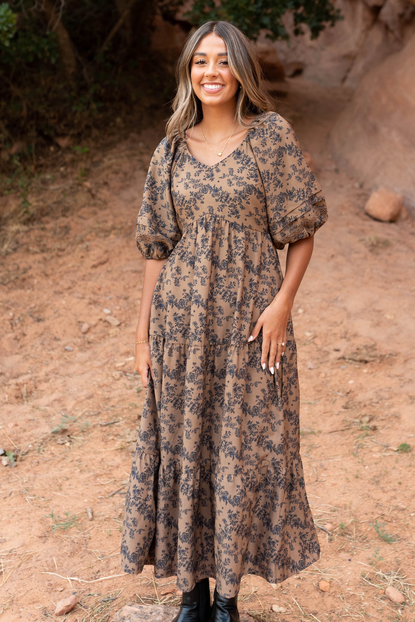 V-neck brown floral tiered dress