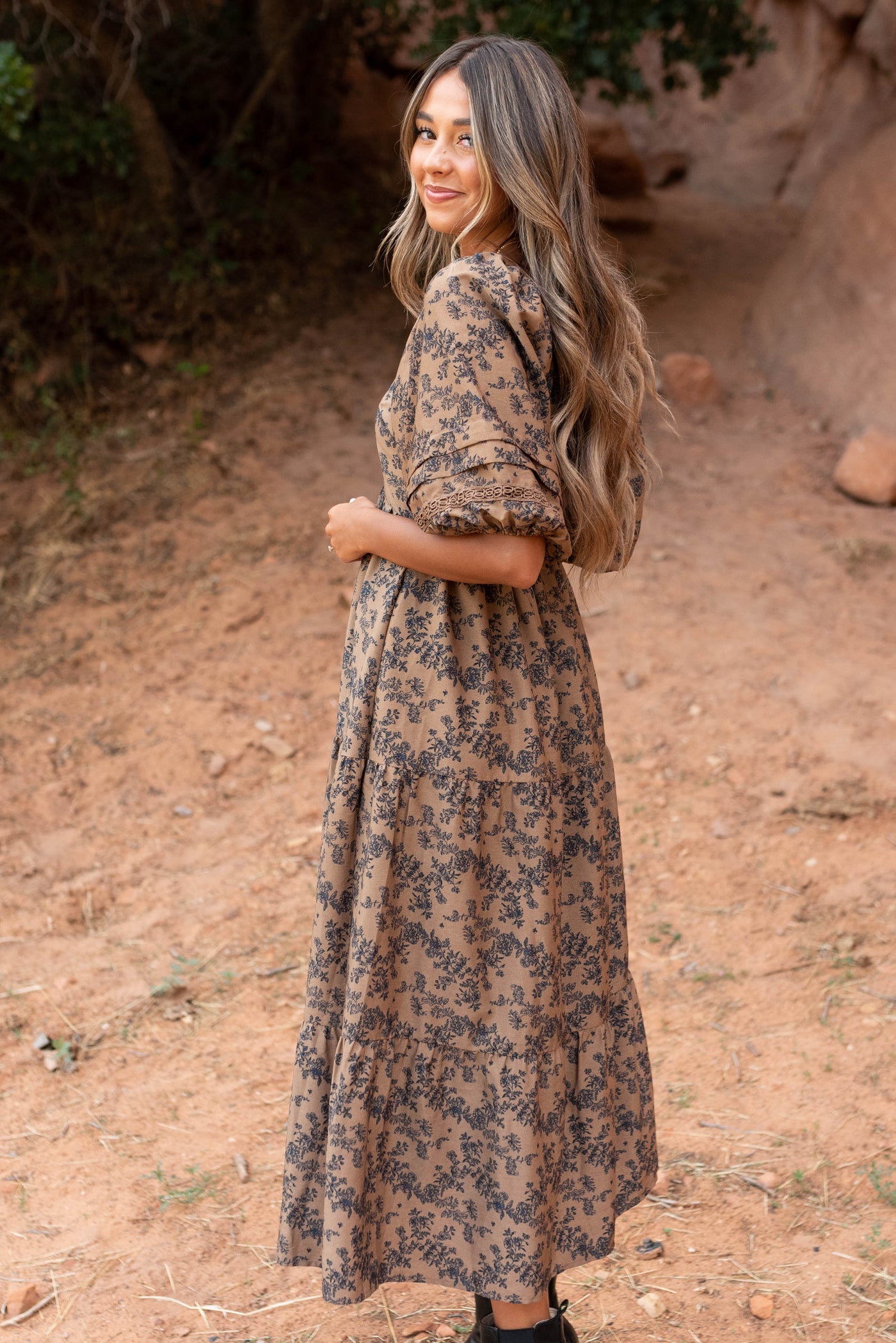 Side view of the brown floral tiered dress