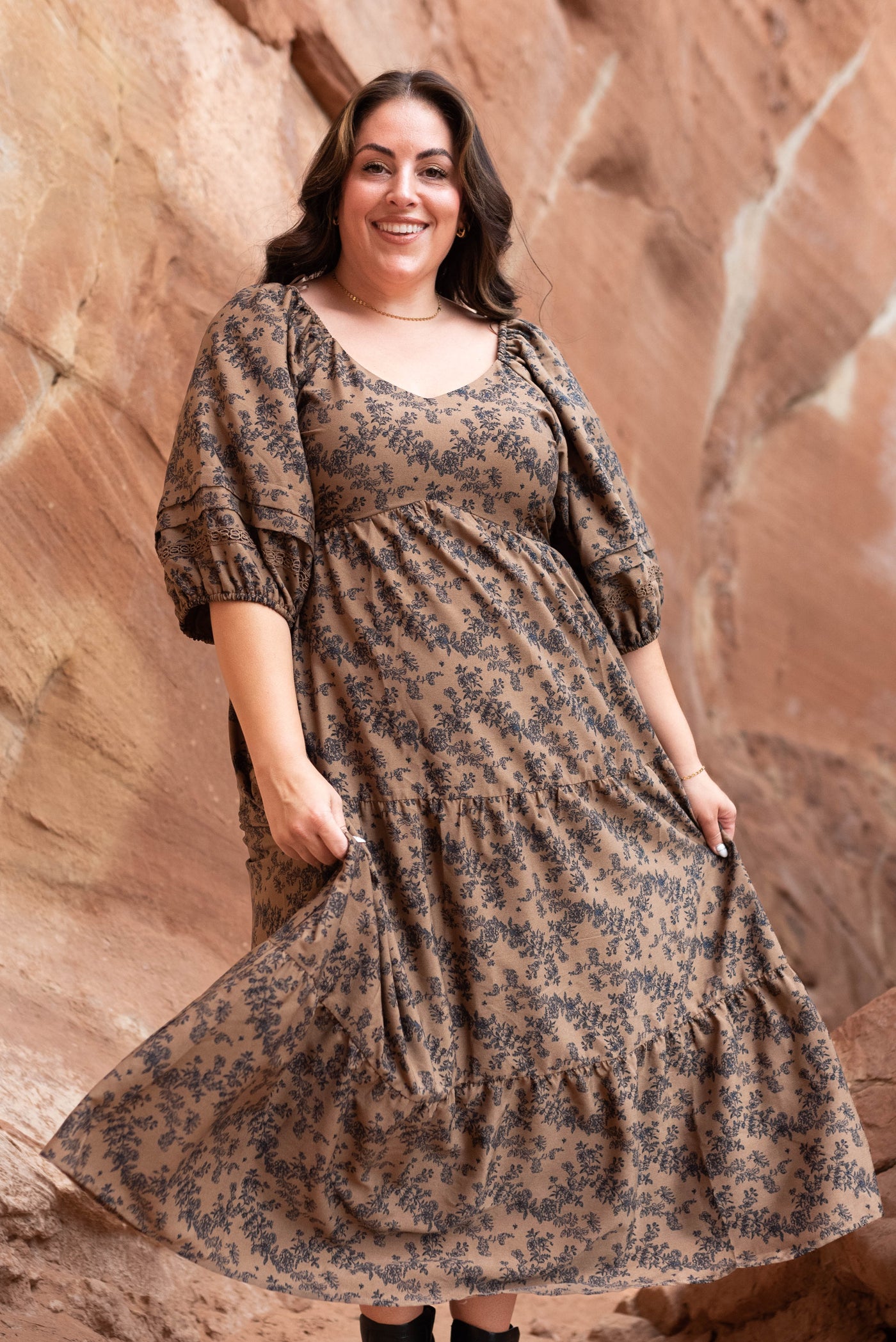 Wide v-neck on the plus size brown floral tiered dress