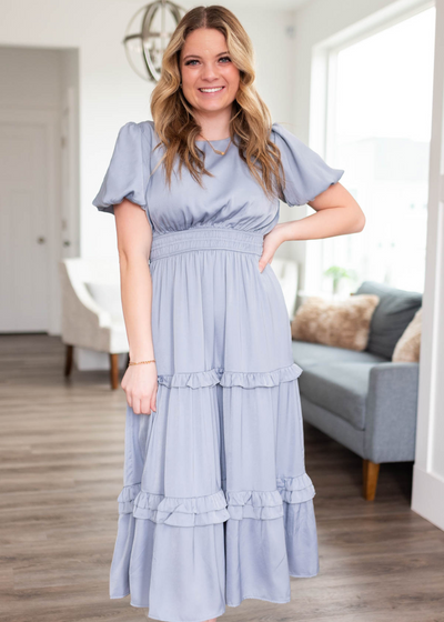 Dusty blue satin ruffle dress