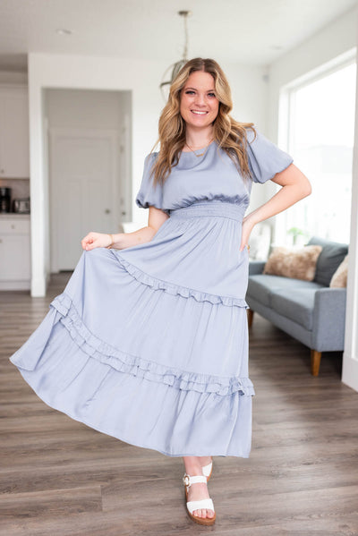 Short sleeve dusty blue satin ruffle dress with elastic waist