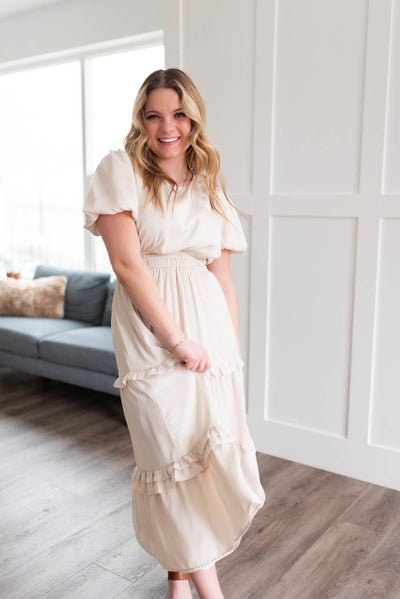 Short sleeve ivory satin ruffle dress