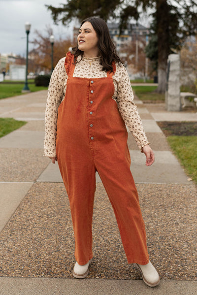 Button up plus size rust jumpsuit