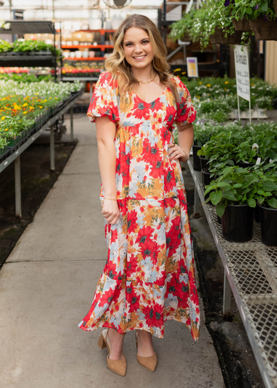 Short sleeve red floral dress with a v-neck