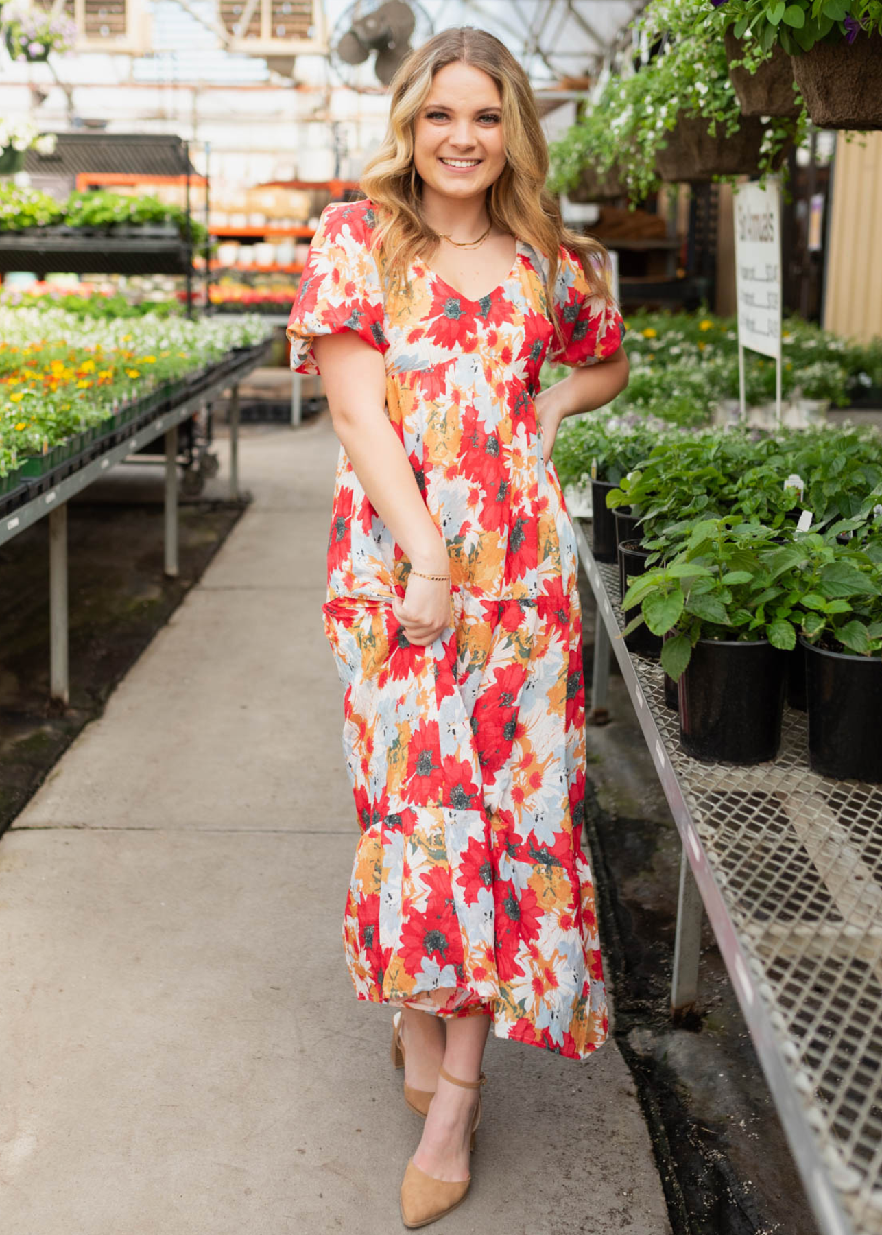 Short sleeve red floral dress