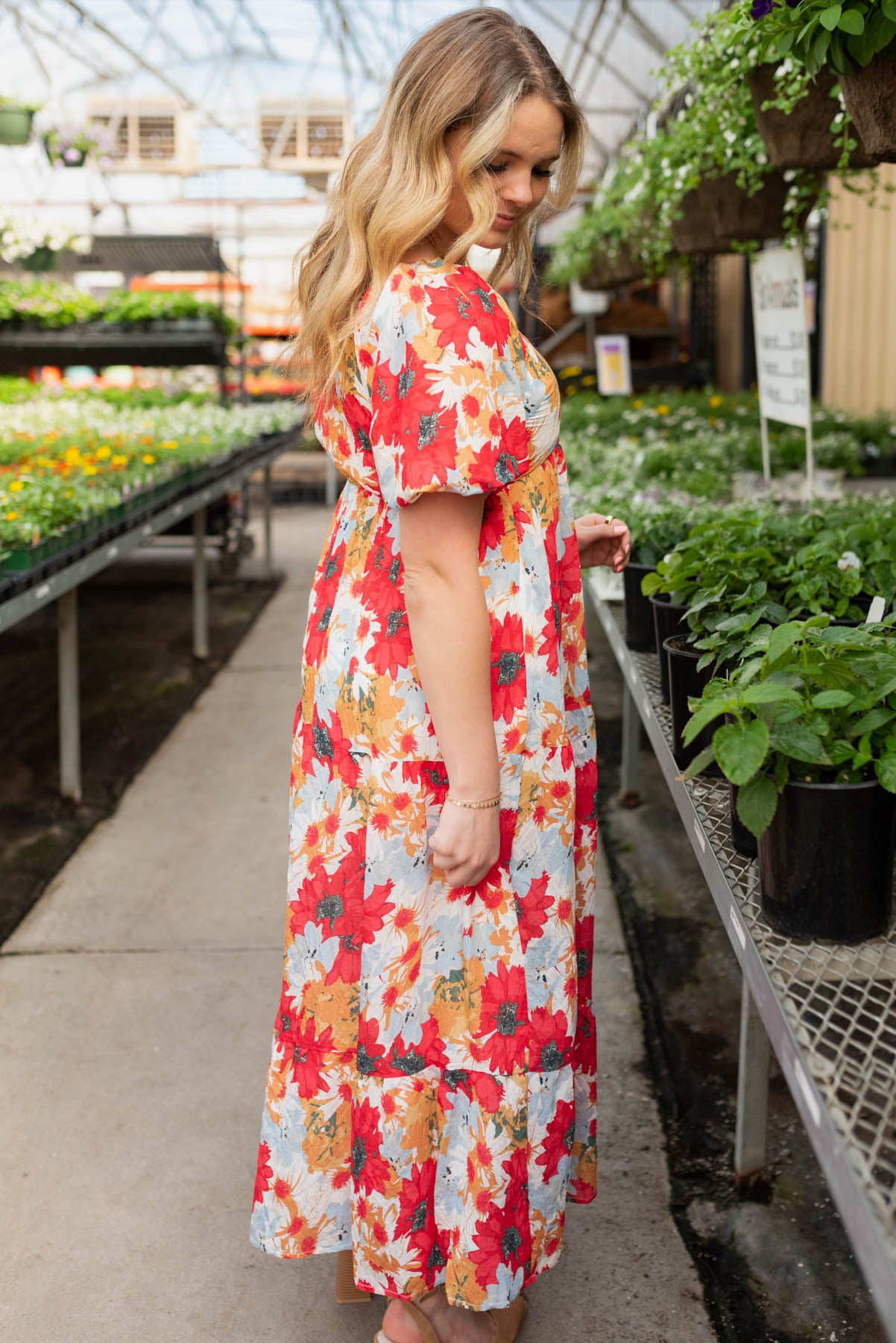 Side view of the red floral dress