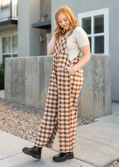 Camel plaid overalls