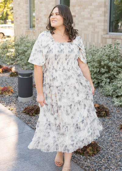 Smocked bodice plus size grey floral tiered dress