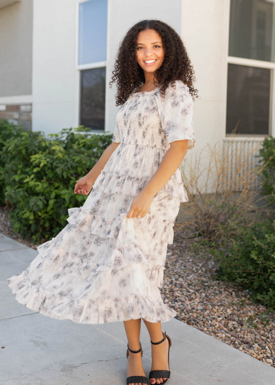 Grey floral tiered dress