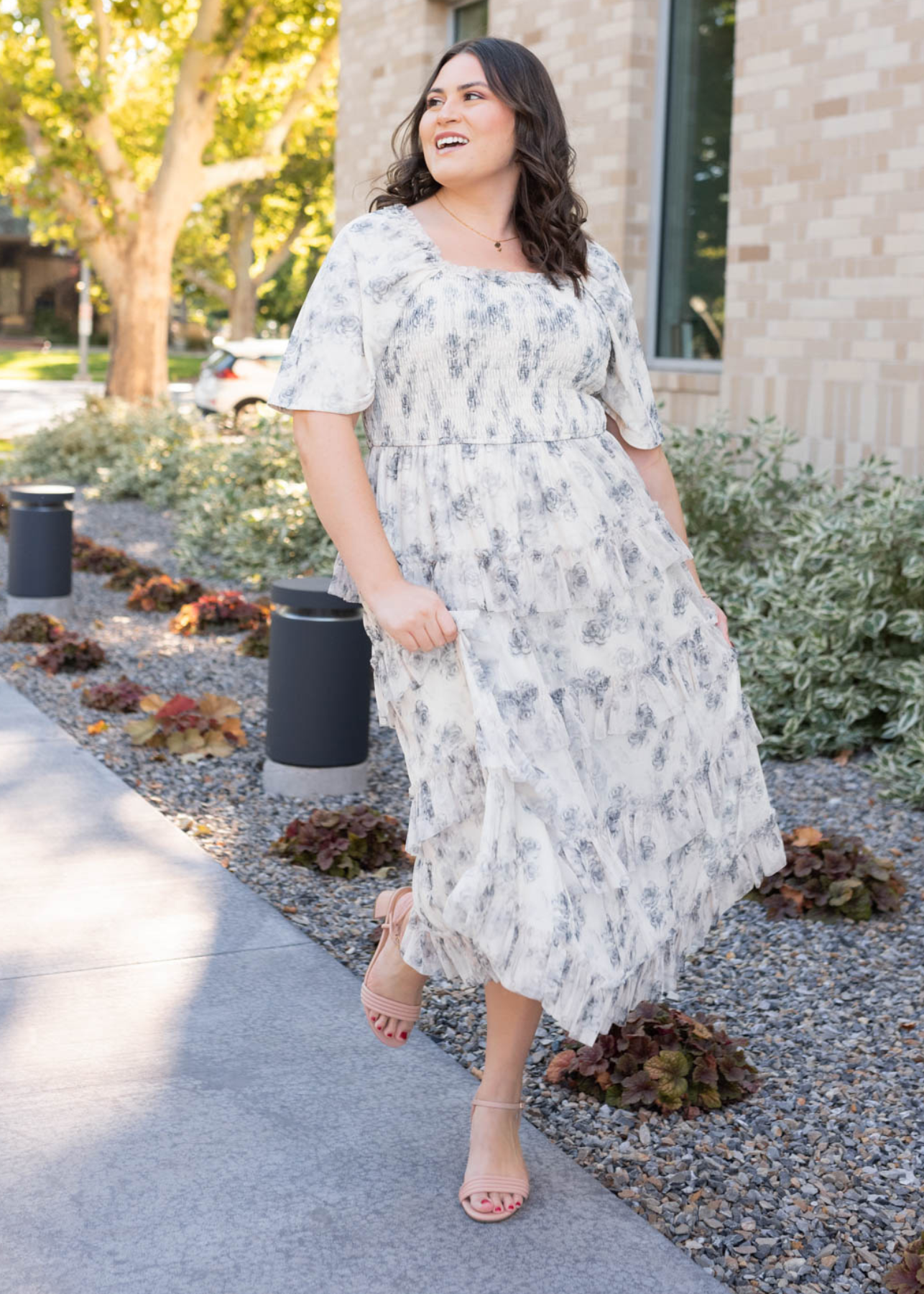 Square neck plus size grey flroal tiered dress