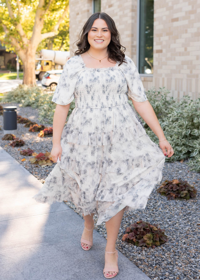 Plus size grey floral tiered dress