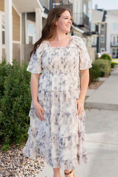 Grey floral tiered dress in plus size