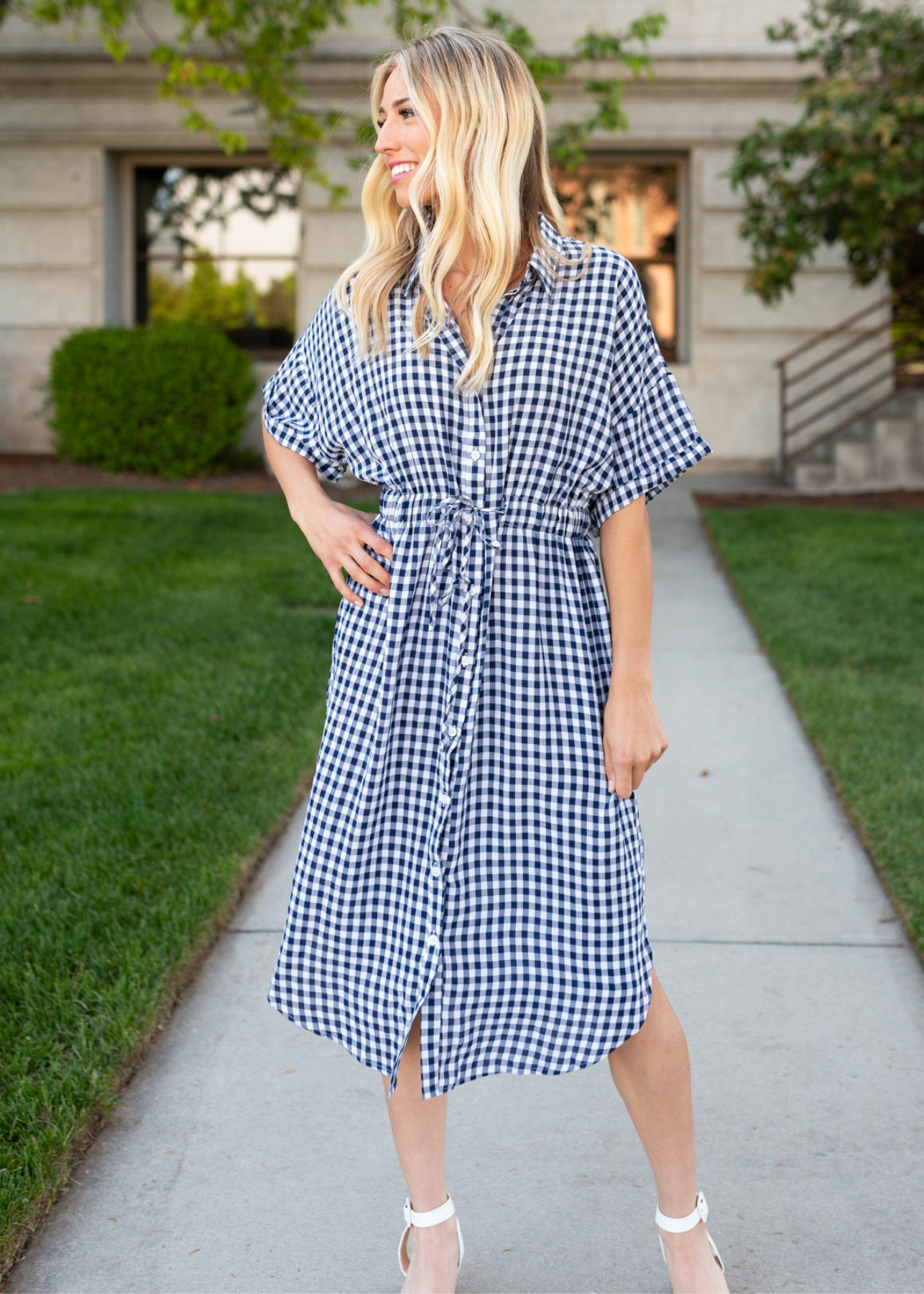 Navy plaid dress with short sleeve and buttons up