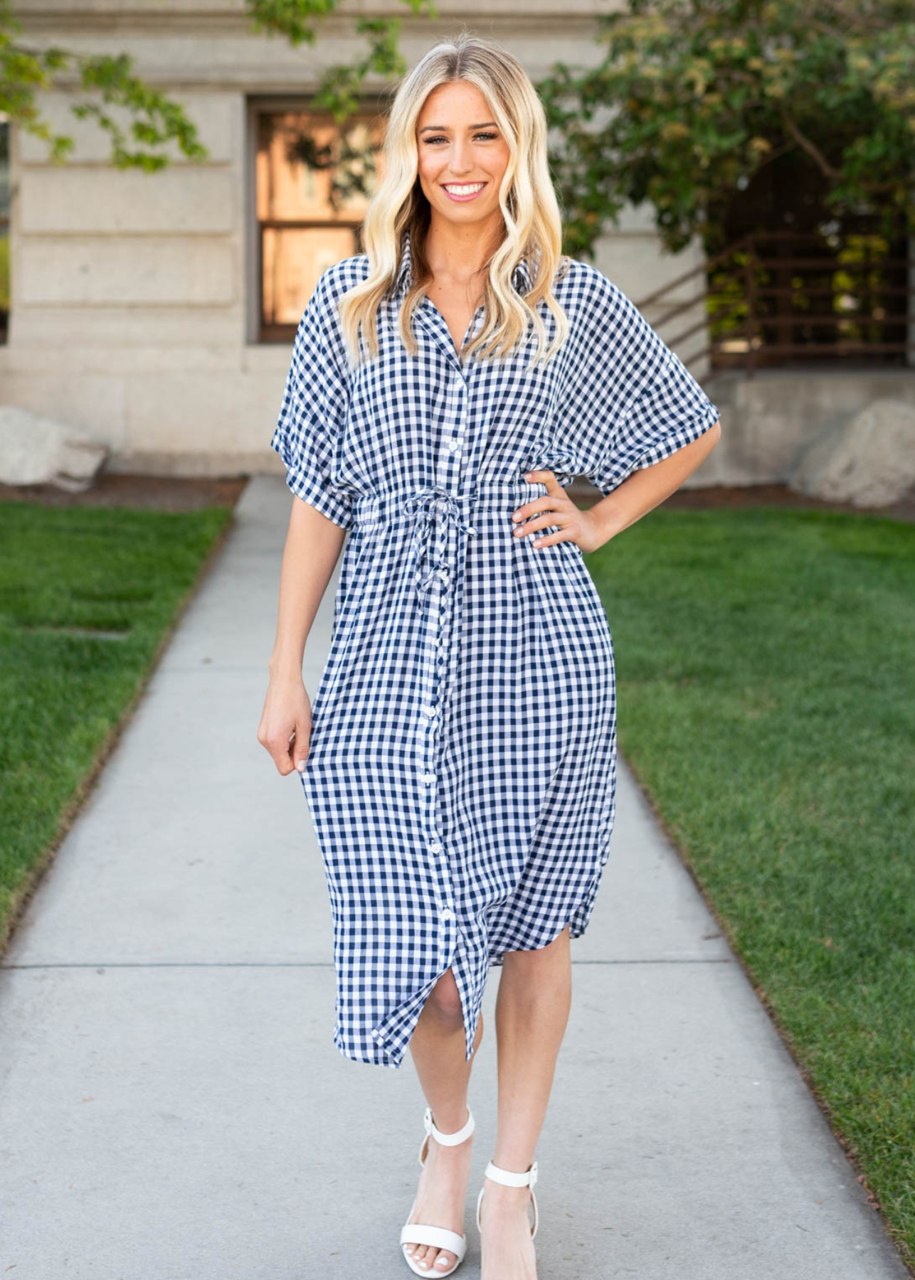 Short sleeve navy plaid dress