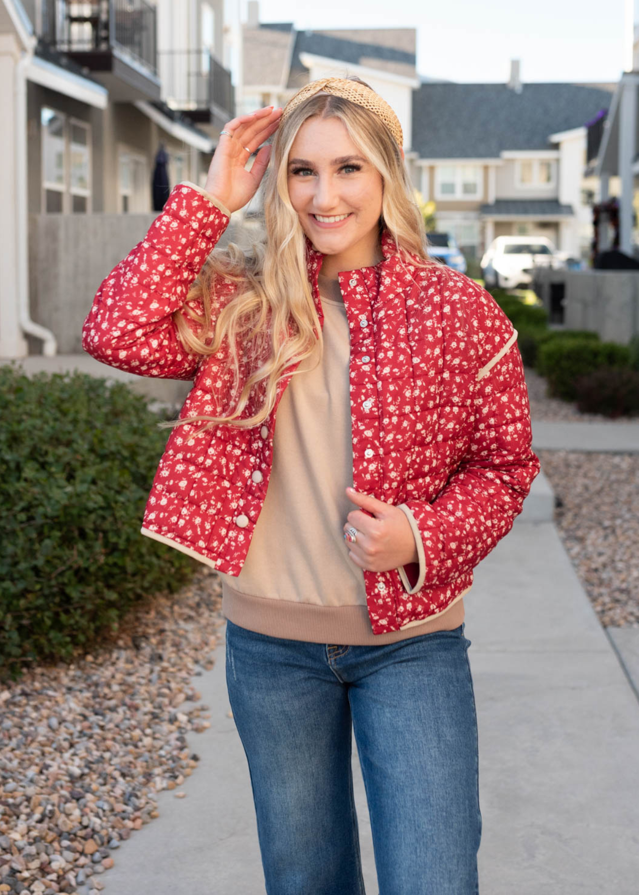 Red floral qulited jacket that snaps up