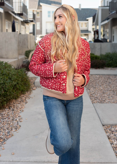 Snap up red floral quilted jacket 