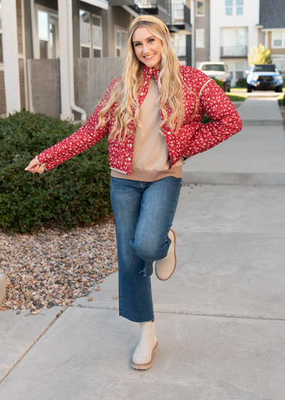 Long sleeve red floral quilted jacket