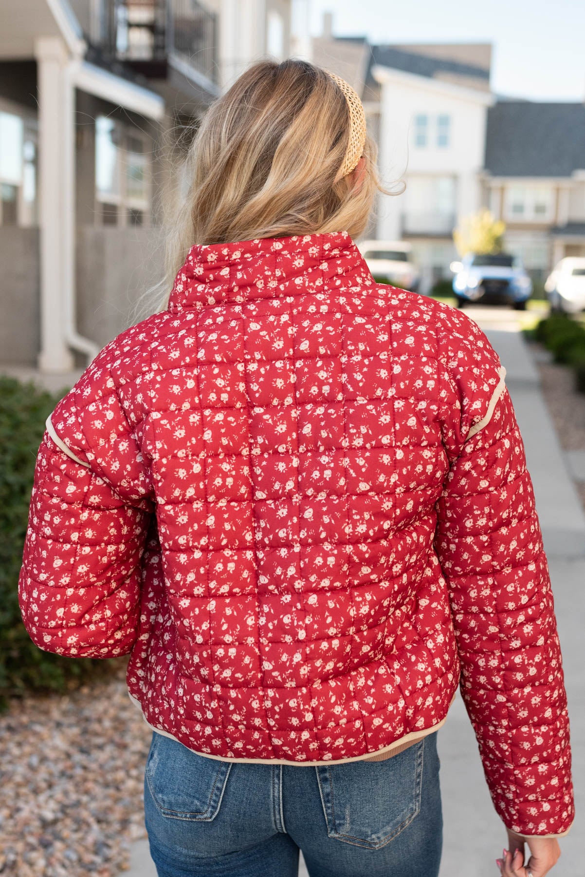 Back view of the red floral quilted jacket