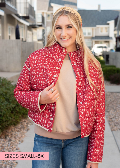 Red floral quilted jacket with pockets