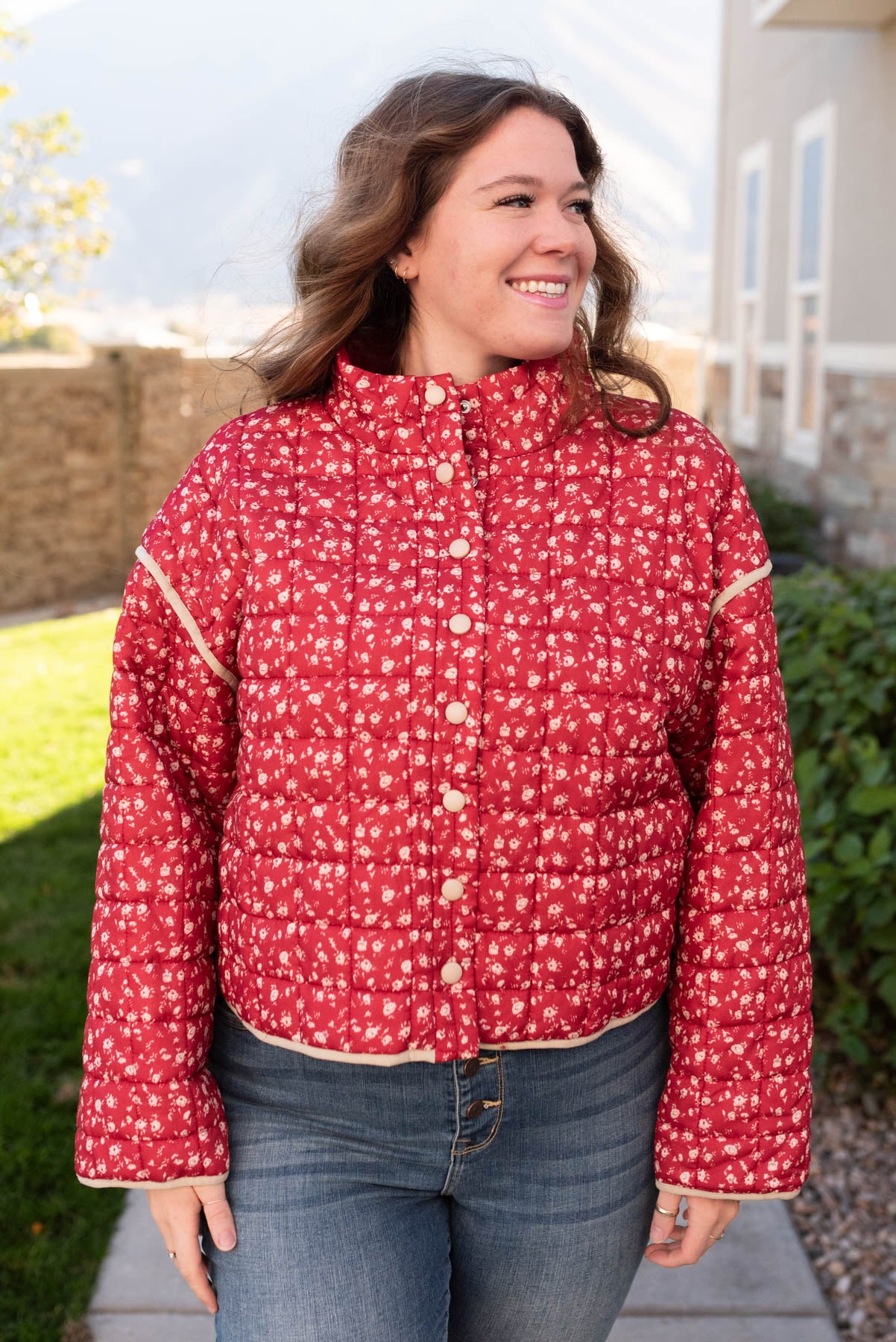 red floral quilted jacket in plus size