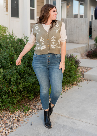 Plus size button up light olive floral sweater vest