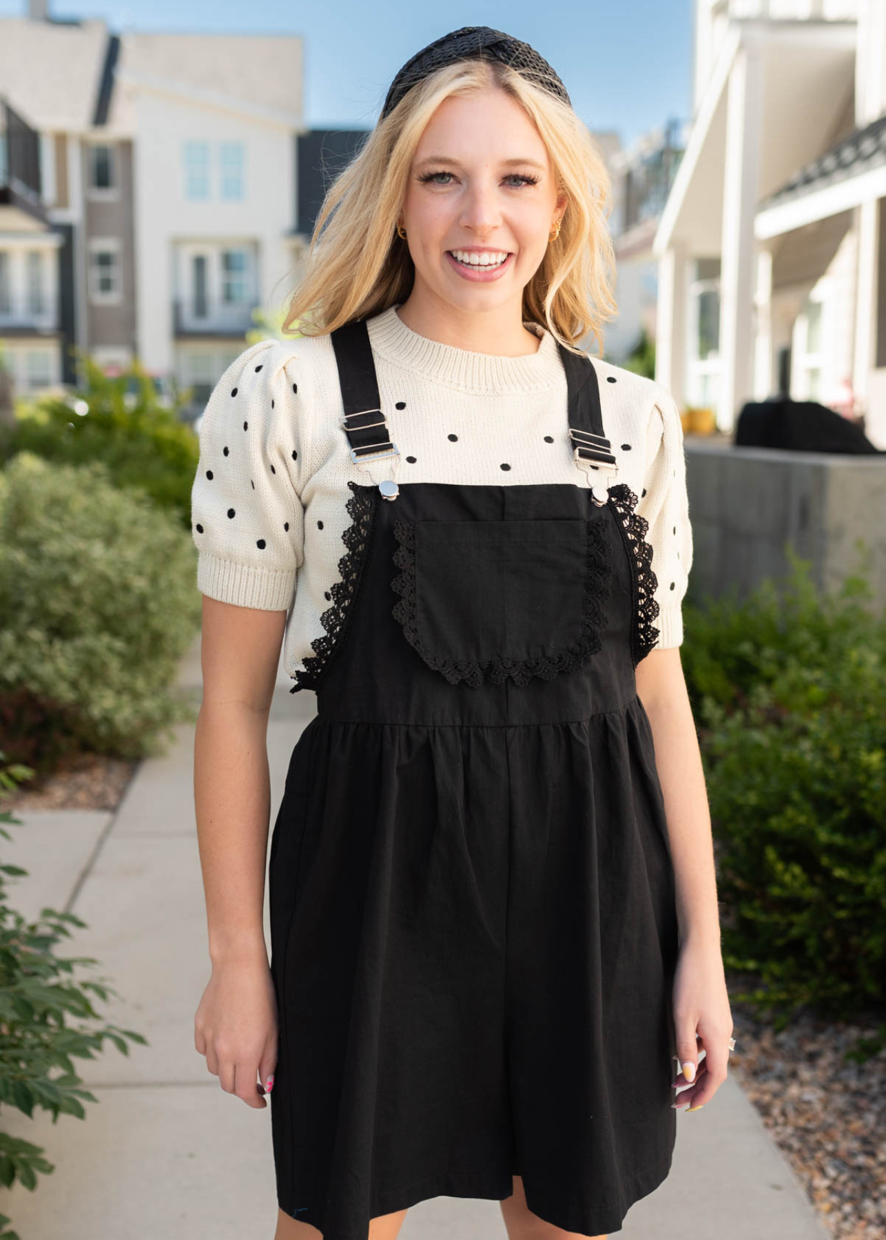 black lace shortalls with front pocket