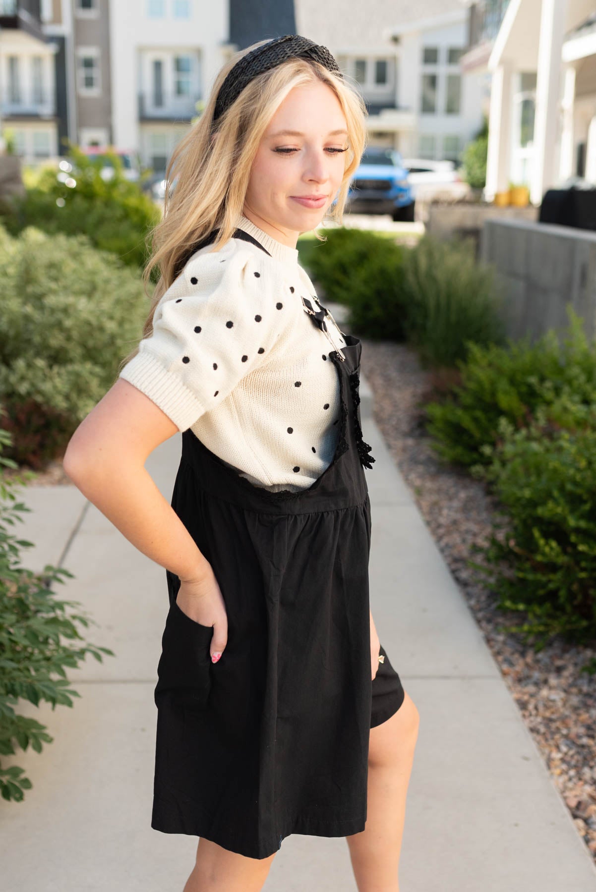 Side view of the black lace shortalls