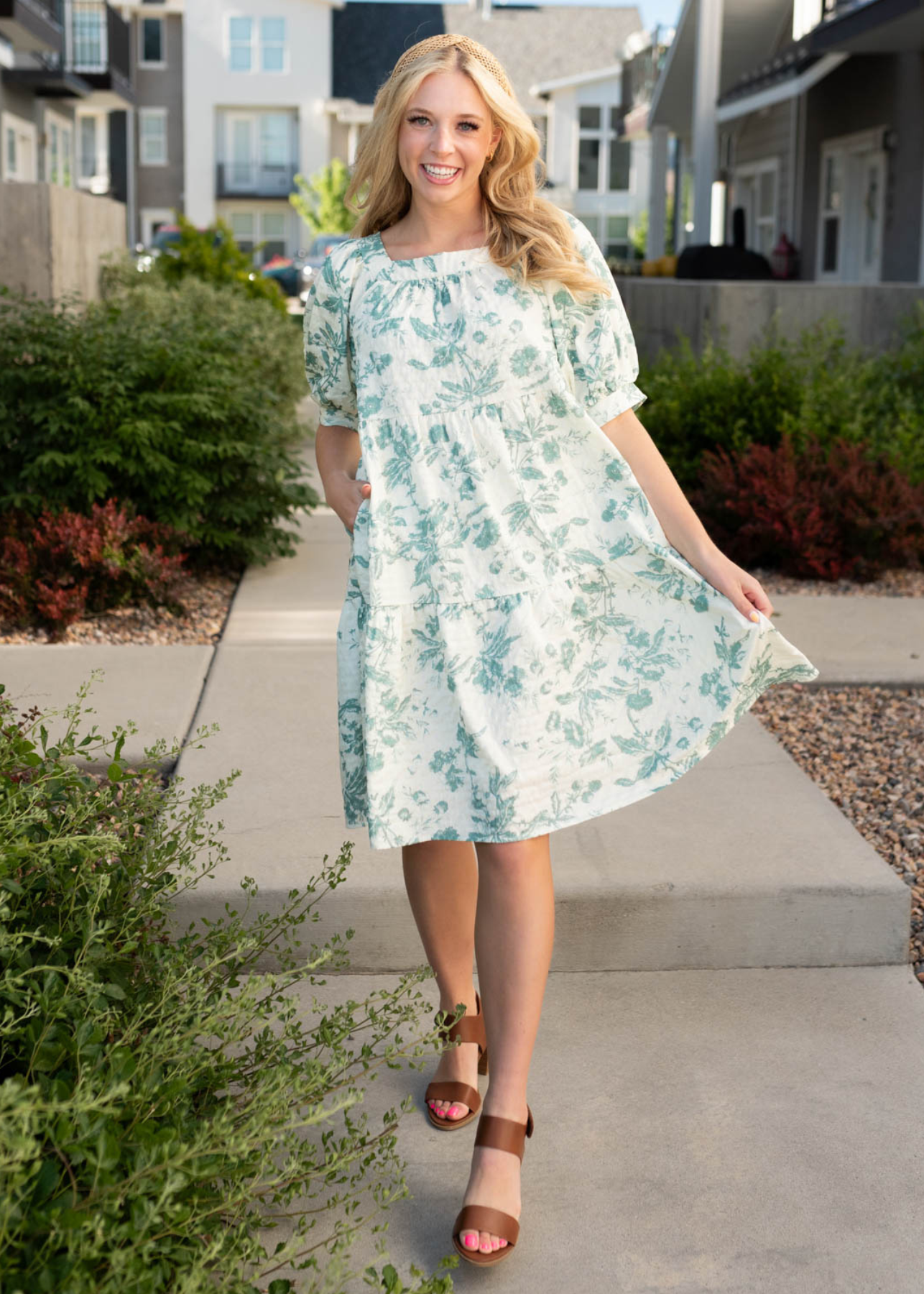 Green floral tiered dress