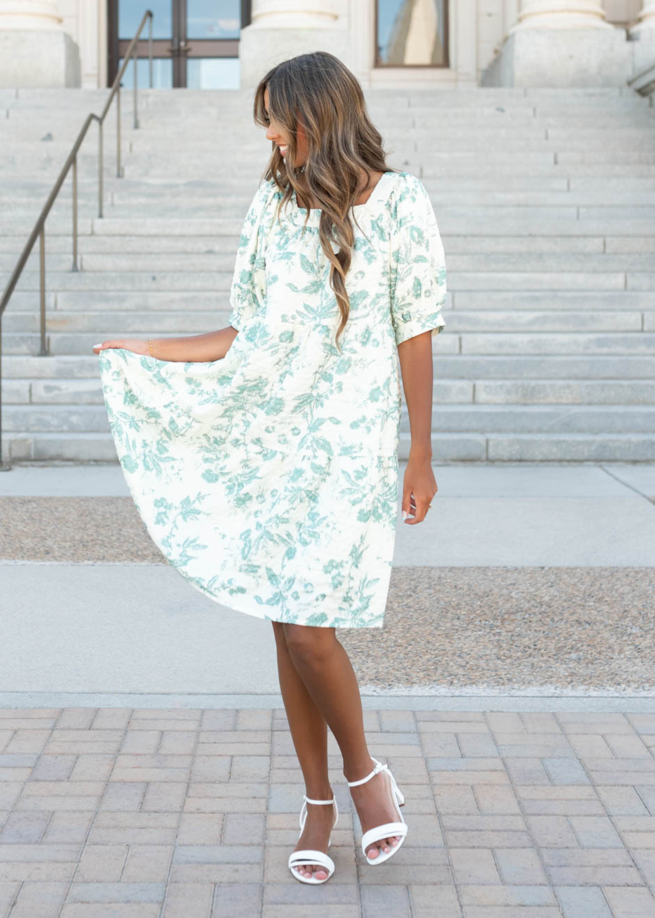 Green floral tiered dress with short sleeve