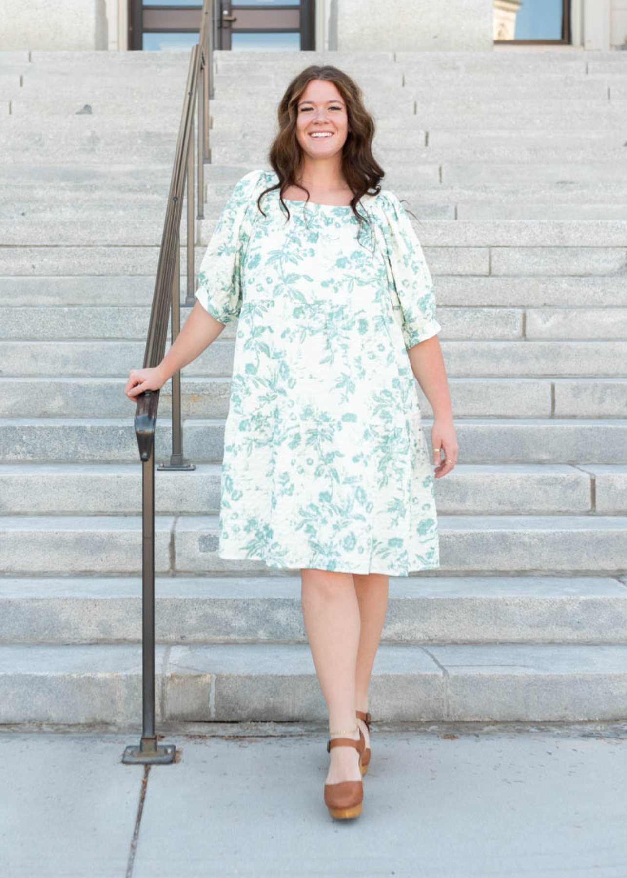 Green floral tiered dress with short sleeves