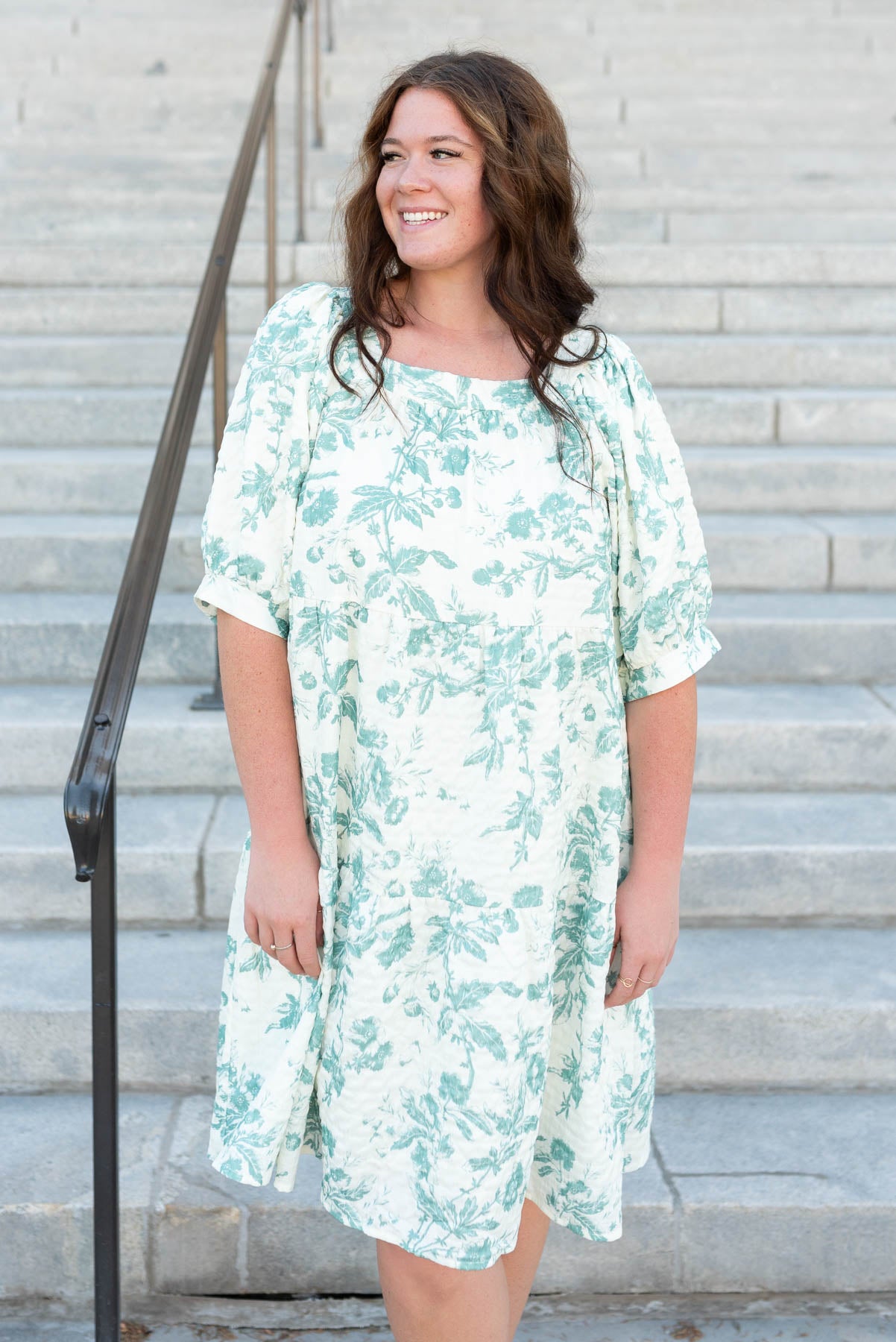 Short sleeve plus size green floral tiered dress