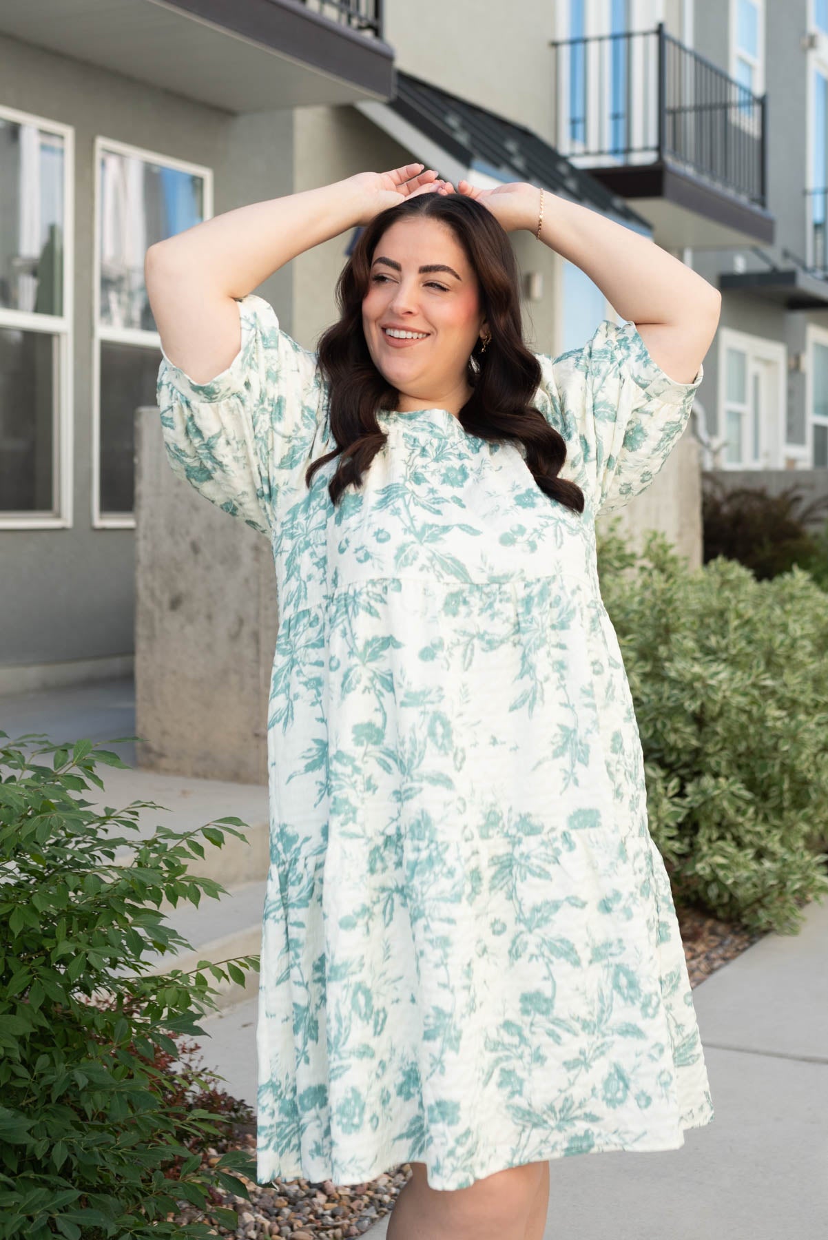 Plus size green floral tiered dress