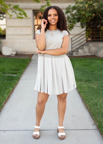 Gathered waist grey knit mini dress