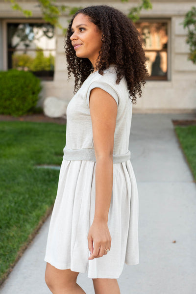 Side view of the grey knit mini dress