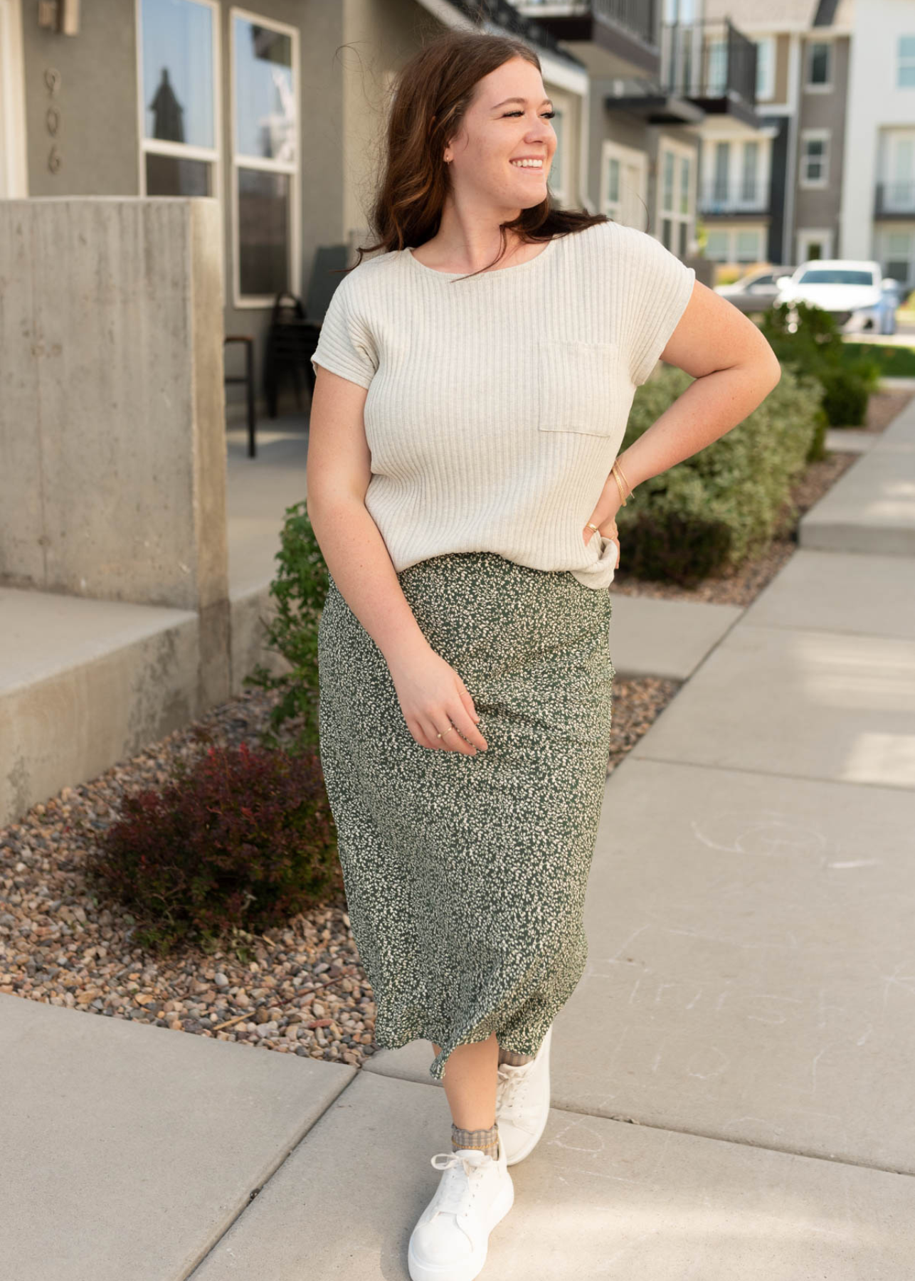 Front view of the green floral skirt