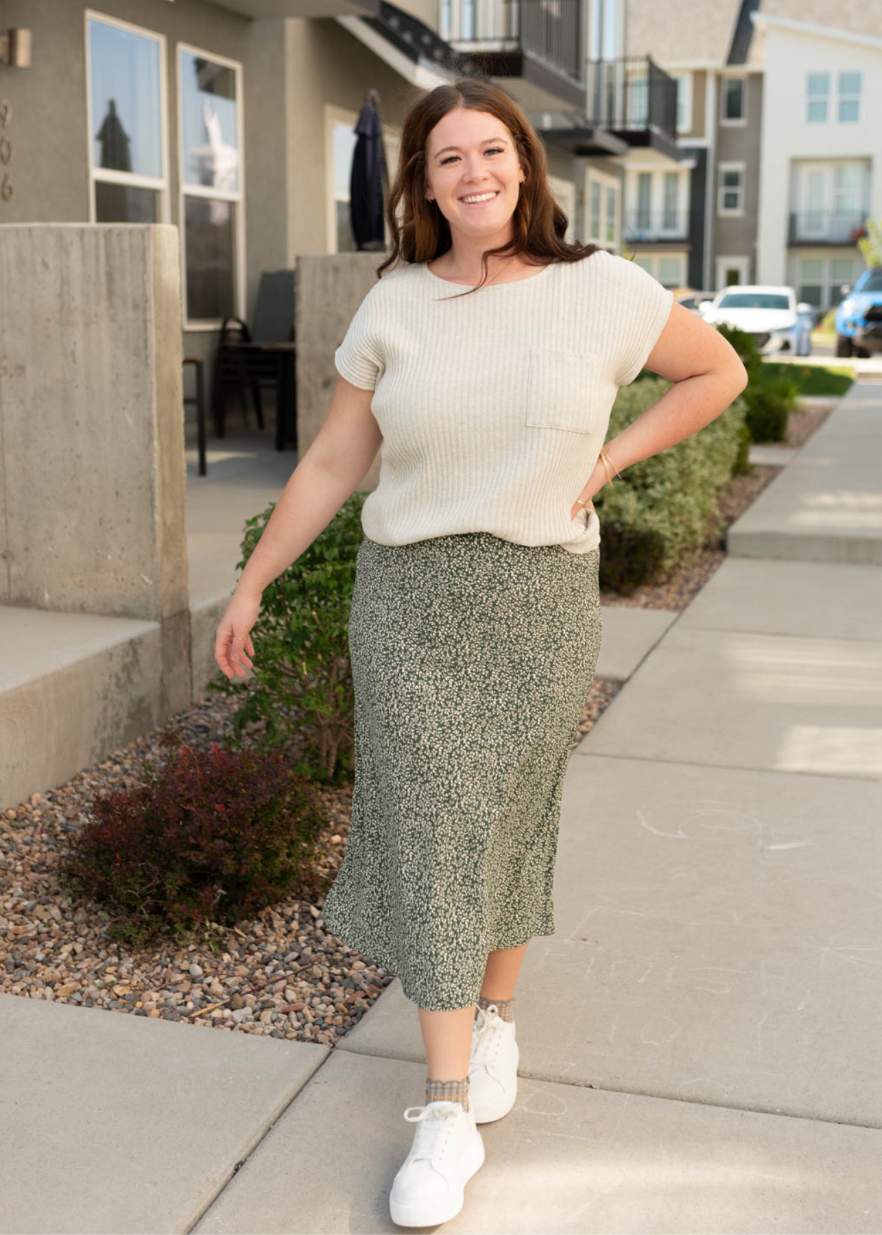 Midi length green floral skirt