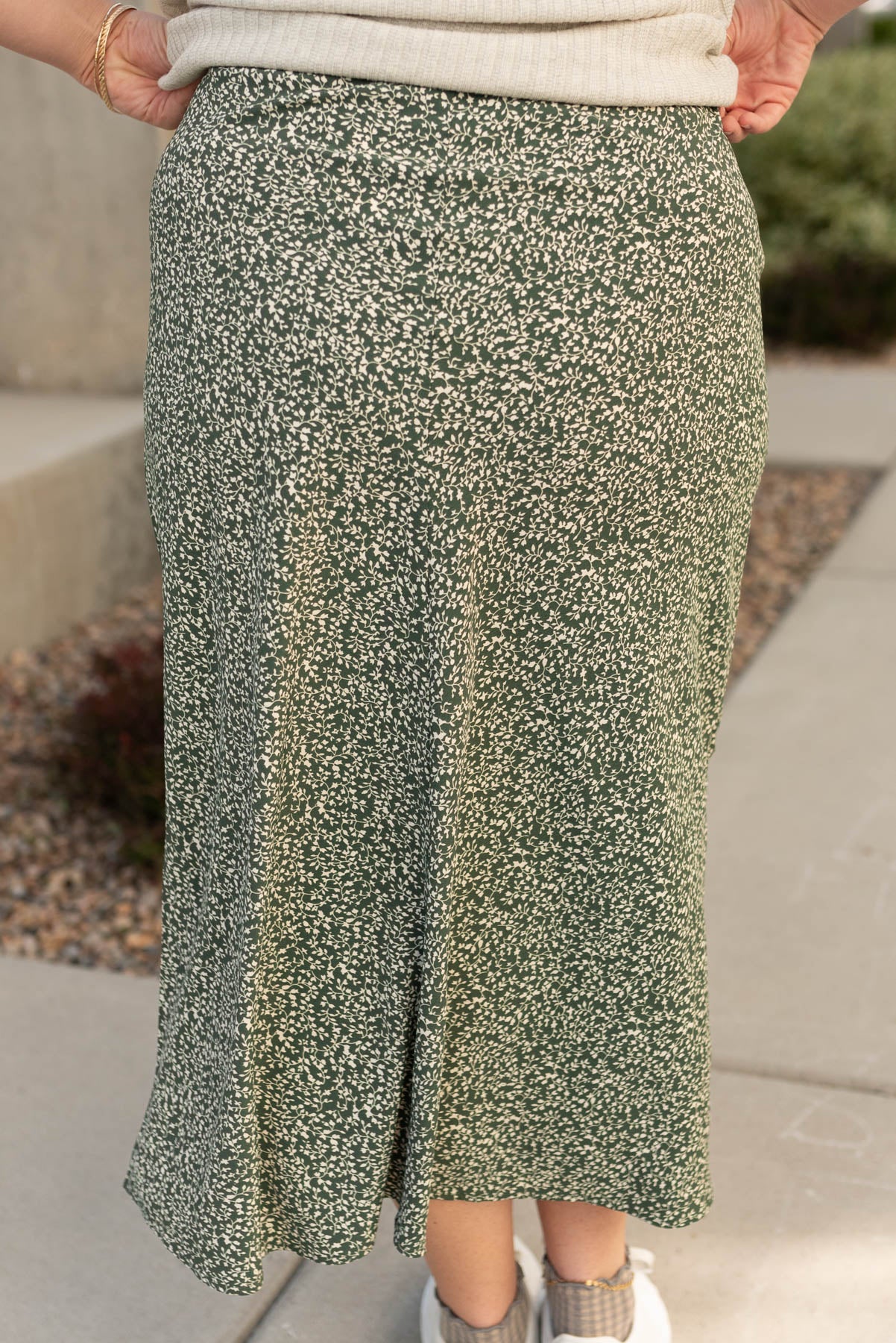 Back view of the green floral skirt