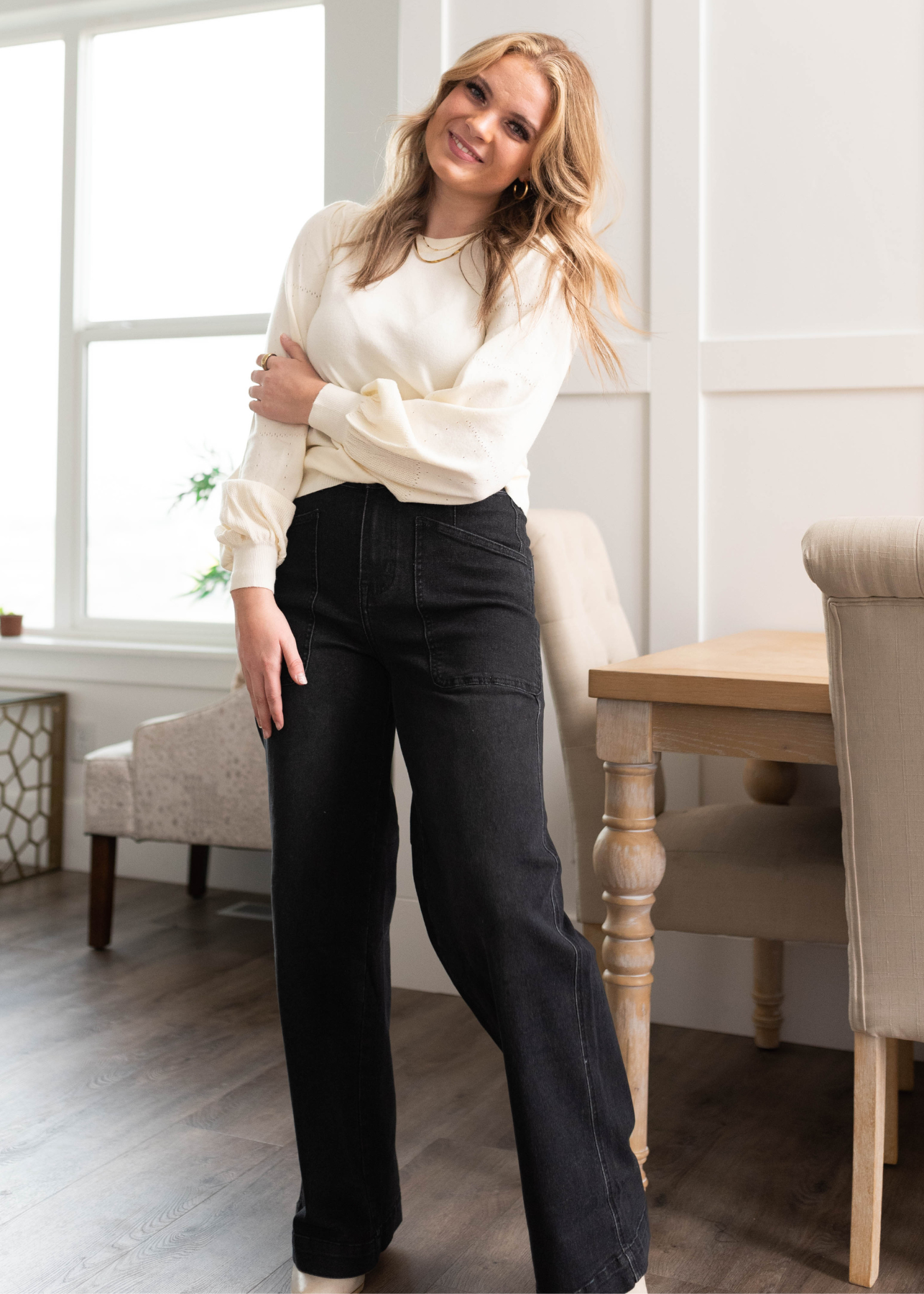 Taylen Black Denim Wide Leg Pants