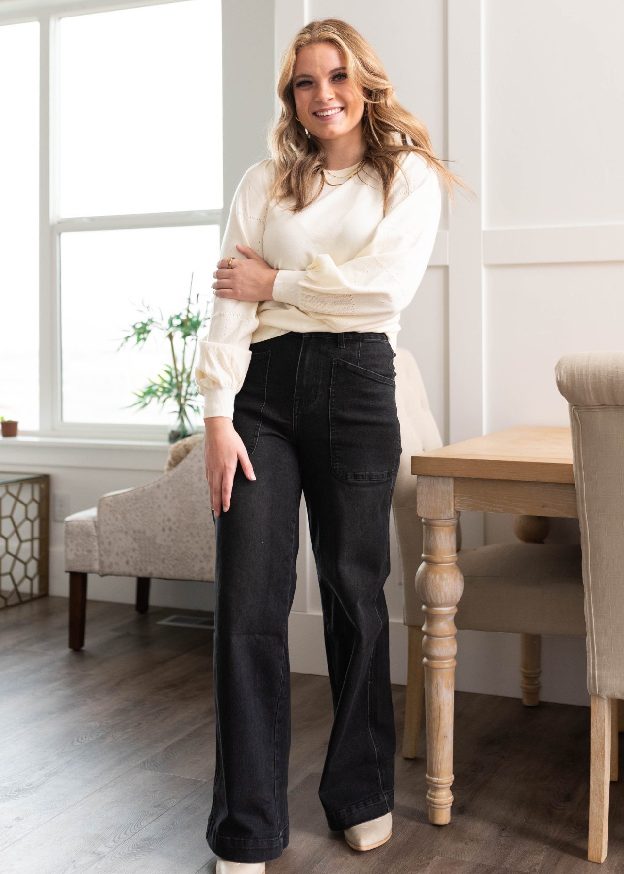 Taylen Black Denim Wide Leg Pants