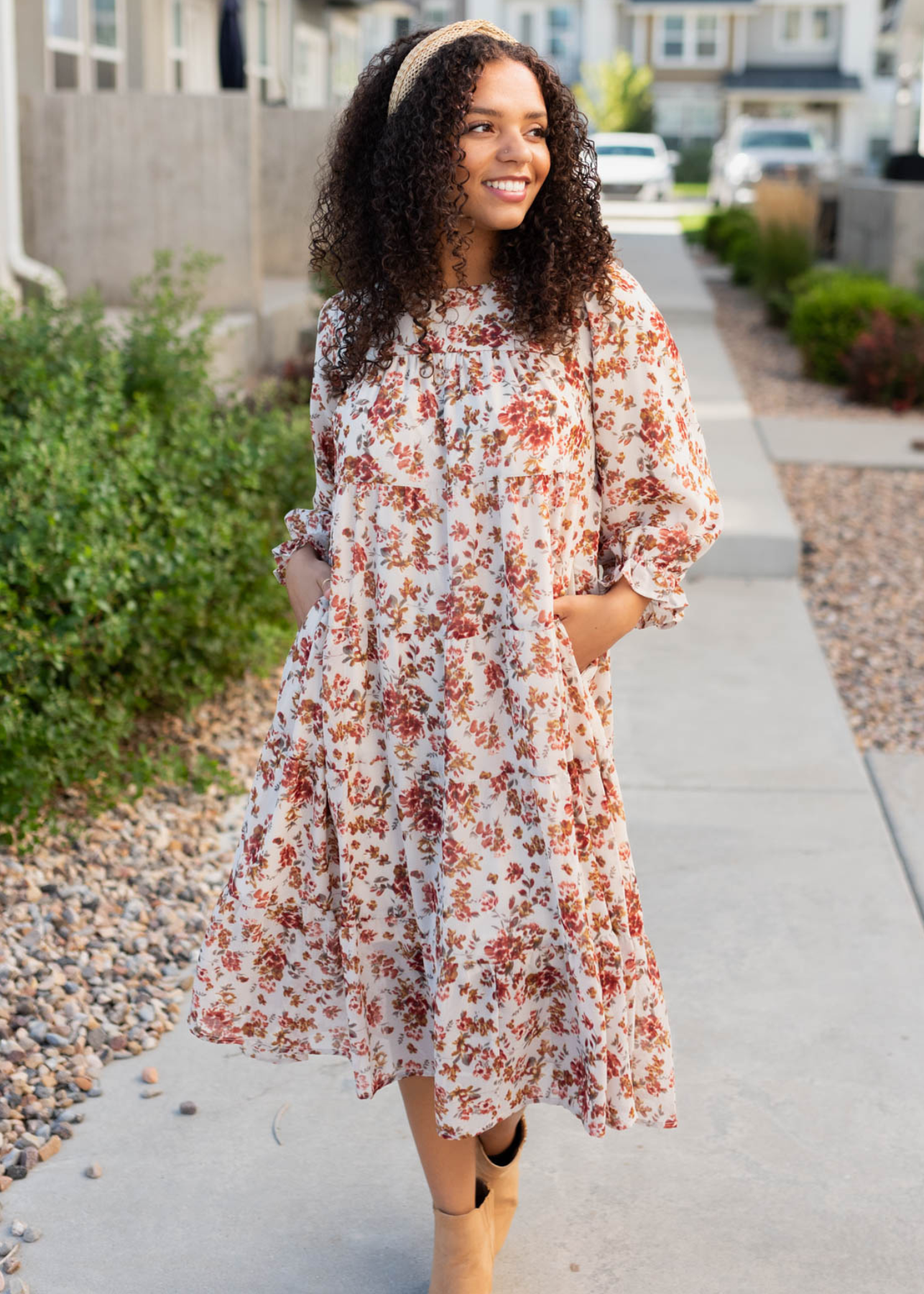 Cream floral tiered dress with pockets